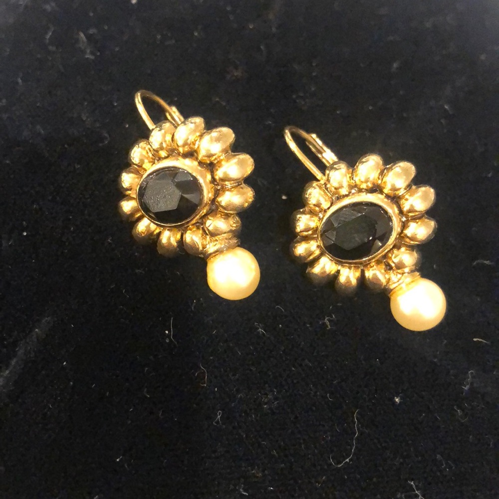 Jet Black Crystal with Pearl in a Floral French Wire Earring-Boutique